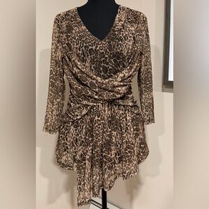 Boston Proper Tunic Stretch Top Brown Leopard Print Ruched Overlay
